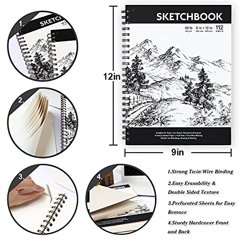 Coboll Sketch Book - Hardcover Sketch Pad, 9" x 12", 112-Sheet, 68 lb/110 GSM, Durable Sketchbook Use with Pens, Pencils, Sketching Stick and More, for Professional Kids, Teens, Adults