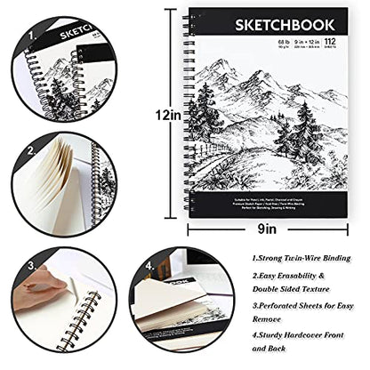 Coboll Sketch Book - Hardcover Sketch Pad, 9" x 12", 112-Sheet, 68 lb/110 GSM, Durable Sketchbook Use with Pens, Pencils, Sketching Stick and More, for Professional Kids, Teens, Adults