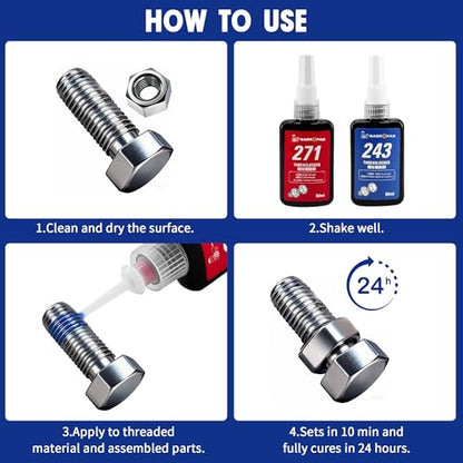 Thread Locker Bule & Red 2 Pack Medium 243 & High 271 Locktight Kit, for Bolts Nuts Fasteners Below M32 for Automotive Industrial Home Use, 50ml + 50ml