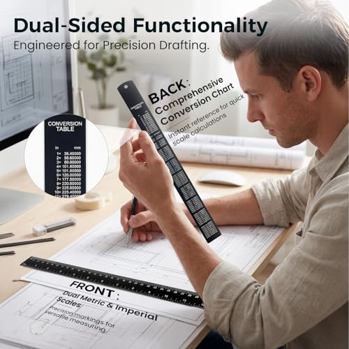 Rena Chris 2Pcs Architectural Scale Ruler, Triangular Scale & Straight Ruler, 12 Inch Aluminum Drafting Ruler Set, Laser Etched, Smooth Non-Sharp Edges, Lightweight, Inch MM Conversion for Architectur