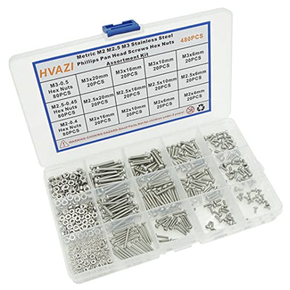480PCS M2 M2.5 M3 304 SS Phillips Pan Head Machine Screws & Nuts Kit - size: M2/M2.5/M3