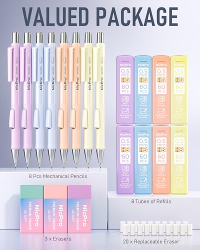 Nicpro 8 Pack Pastel Mechanical Pencil 0.5mm, Cute Pencils Fast Click - style: 8PCS-0.5mm
