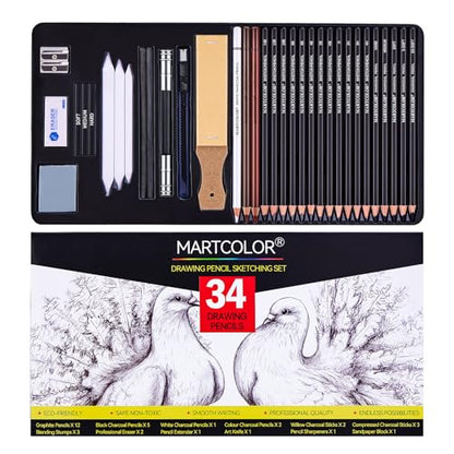 MARTCOLOR Drawing Sketching Pencils Set, 34 Pieces Graphite Pencil (14B-4H)