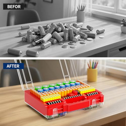 Molutsody Battery Organizer Box with Tester, Storage Case Holds 260 Batteries, Double Clear Locking Lid for AA AAA C D 9V - Red (Batteries Not Included) - color: Red