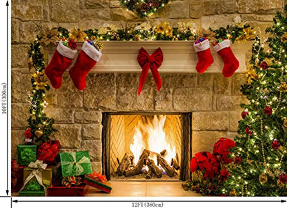 12X10FT Christmas Themed Fireplace Vinyl Photography Backdrop Photo Background Studio Prop CEM06E - size: 12'x10'