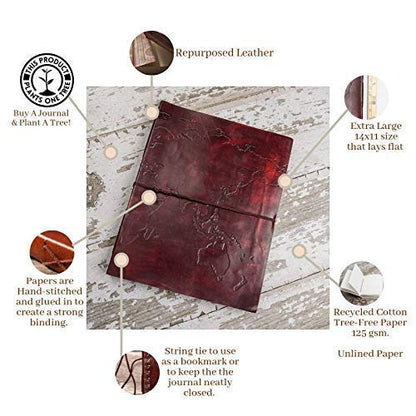 Soothi World Map Leather Handmade Antique Large Journal for Sketchbook for Travel 14''x11''