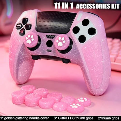 Pink Glitter Anti-Slip Protective Silicone Cover Skin Grips Compatible with ps5 dualsense Edge Controller,8 PCS Glitter Thumb Grips Caps and 2 Grips Caps. - color: Glitter Pink