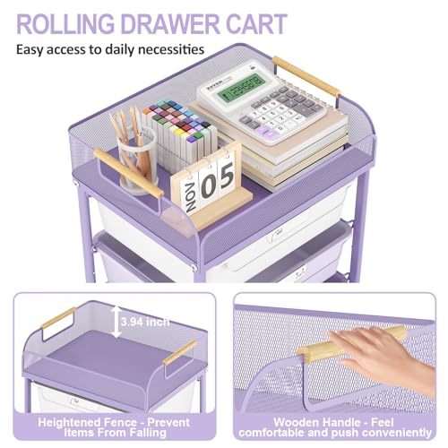 SYKIARIOL 4-Drawer Rolling Storage Cart with Mesh Top,Purple - color: Purple