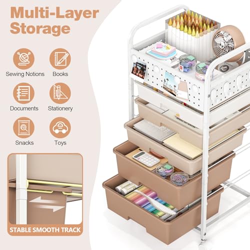 5 Drawer Rolling Storage Cart with Pegboard Top and Hooks, Brown - color: Brown, size: 5-Drawers