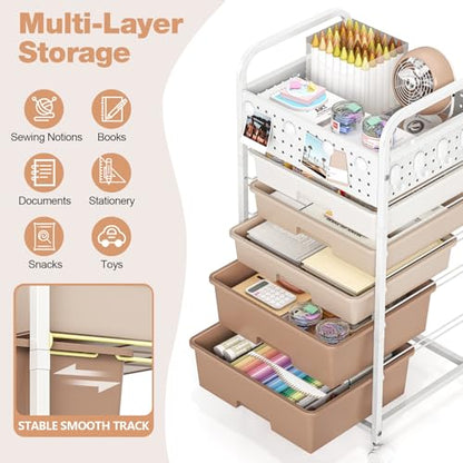 5 Drawer Rolling Storage Cart with Pegboard Top and Hooks, Brown - color: Brown, size: 5-Drawers