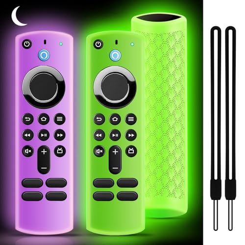 (2 Pack) Onebom Silicone Protective Remote Cover Compatible with TVStick, HD, 3rd Gen, 4K Remote Controls, Anti-Slip Remote Control Case with Lanyard(Glow Green&Glow Purple) - color: (Black Lanyard)Glow Green&Glow Purple