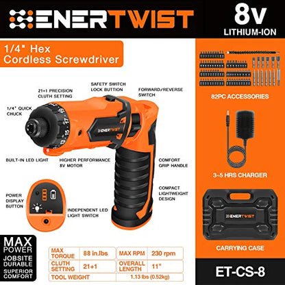 ENERTWIST 8V Cordless Screwdriver, 82 Accessory Kit, Max 10Nm 21+1 Cluth - style: 82PCS 8V ORANGE