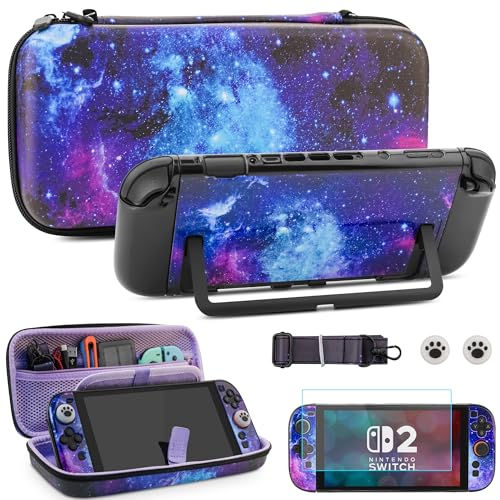 FUNDIARY Galaxy Travel Case for Nintendo Switch 2 Accessories Kit for Switch Two Console with Portable Storage Bag, Protective Dockable Cover, Screen Protector, Shoulder Strap and 2 Thumb Caps - color: Galaxy
