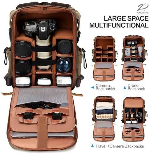 Padwa Lifestyle Khaki Camera Backpack - Professional DSLR & UAV Camera Bag,Anti Theft Canvas Camera Backpacks with Rain Cover,Large Capacity Photography Travel Camera Bag with Multi Compartments - color: Khaki Canvas, style: Canvas Bag Flap