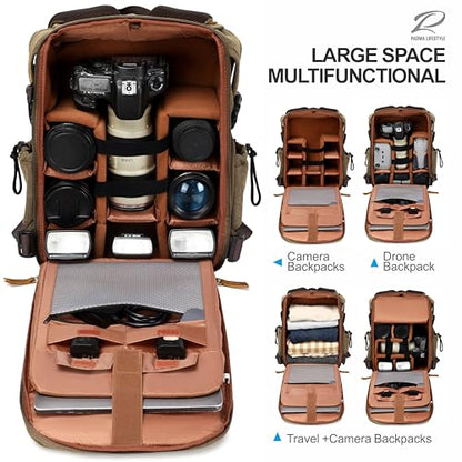 Padwa Lifestyle Khaki Camera Backpack - Professional DSLR & UAV Camera Bag,Anti Theft Canvas Camera Backpacks with Rain Cover,Large Capacity Photography Travel Camera Bag with Multi Compartments - color: Khaki Canvas, style: Canvas Bag Flap