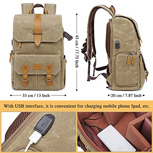 UBAYMAX Canvas Camera Backpack for Canon Nikon Sony DSLR SLR Waterproof - color: Khaki Brown