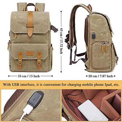 UBAYMAX Canvas Camera Backpack for Canon Nikon Sony DSLR SLR Waterproof - color: Khaki Brown