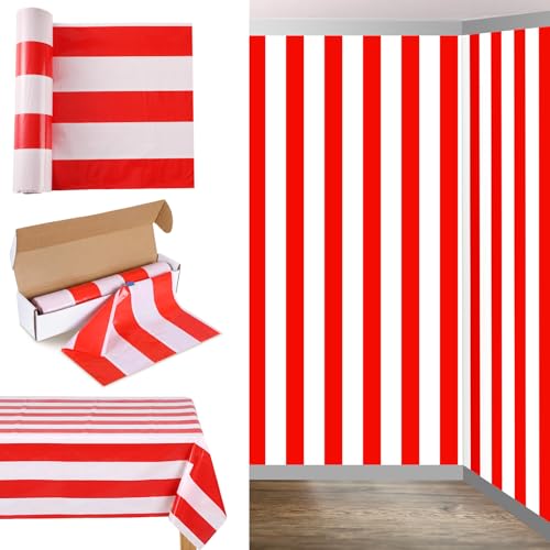 Oudain 54 Inch x 100 ft Red and White Striped Tablecloth Roll Cutter Box - style: Red and White
