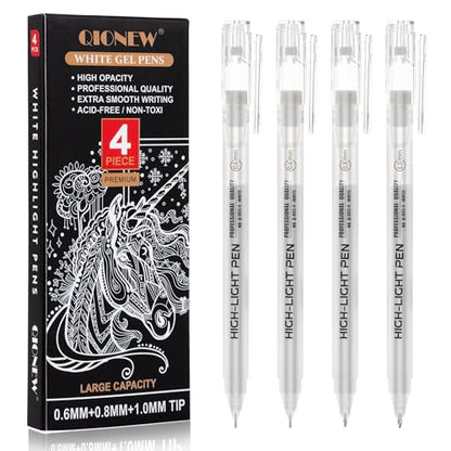 Qionew White Gel Pens,Opaque White Ink Pens for Black Paper Drawing,4 Pack