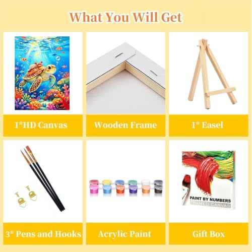 HITO Sea Turtle Paint by Numbers Kit for Kids with Frame Easel 8x12 inch - color: Cute Ocean Turtle