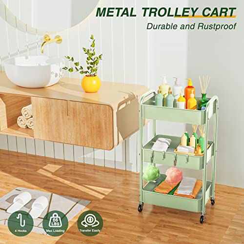LEHOM 3 Tier Rolling Cart, Metal Rolling Utility Cart with Lockable Wheels - color: Green
