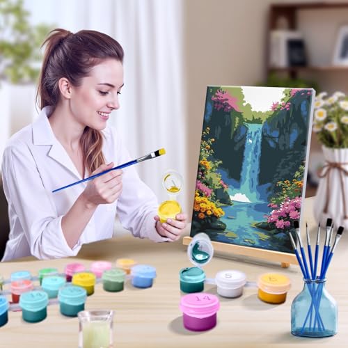 JOOZ 4 Pack Paint by Numbers Kit for Adults Framed, Waterfall, 8x12 Inch - color: Waterfall Landscape 030