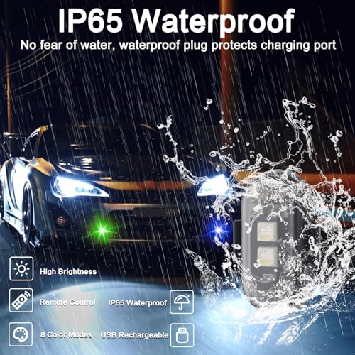 4PCS Wireless LED Strobe Lights with Remote Control, 8 Colors IP65 Waterproof Anti-Collision USB Charing Led Warning Lights for Car Drone Truck Motorcycle Aircraft Bike