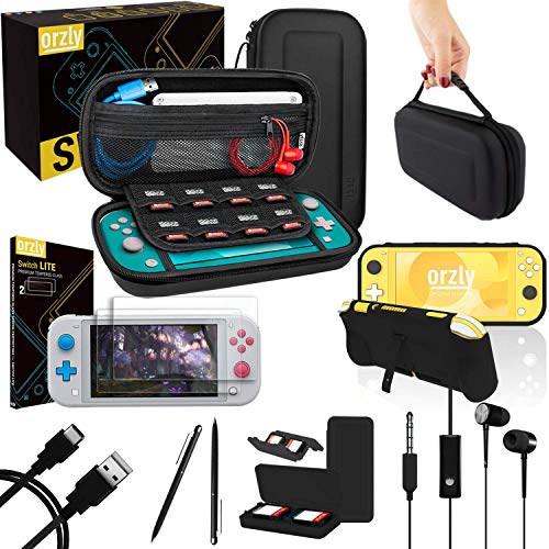Orzly Switch Lite Accessories Bundle - Case & Screen Protector for Nintendo Switch Lite Console, USB Cable, Games Holder, Comfort Grip Case, Headphones, Thumb-Grip Pack & More (Orzly Gift Pack) - color: Black