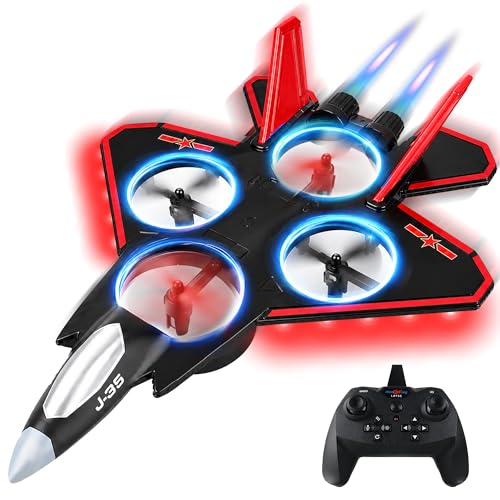 BEZGAR RC Fighter Jet Toy, RC Plane with LED Lights & 360° Flip, Red - color: Red