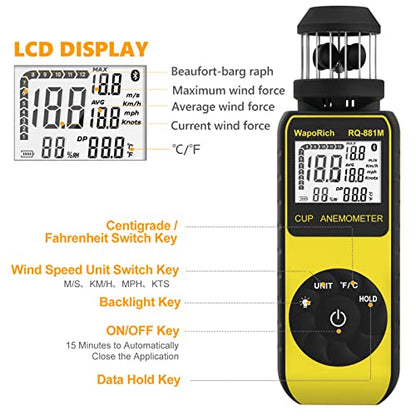 Wind Cup Anemometer 1.5-93MPH, Digital Wind Speed Meter RQ-881M