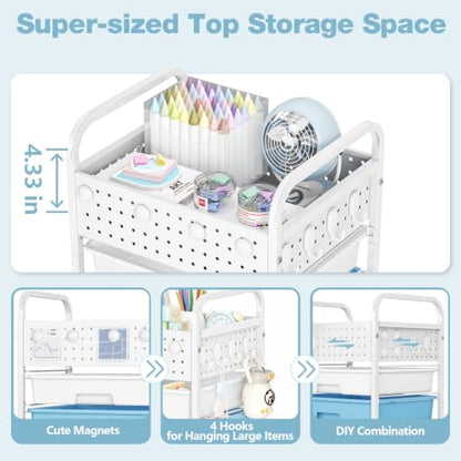5 Drawer Rolling Storage Cart with Pegboard Top and Hooks, Ice Cream - color: Ice Cream, size: 5-Drawers