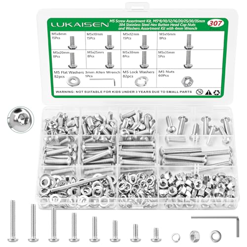 307 Pcs M5 Hex Button Cap Screws Nuts Flat Washers Kit, 304 SS - size: SS M5 307pcs 2