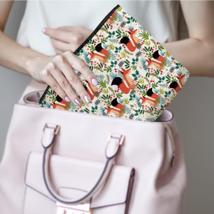 Boho Makeup Bag, Fox Botanical Floral Cosmetic Bag Makeup Organizer Pouch - color: ForestFox