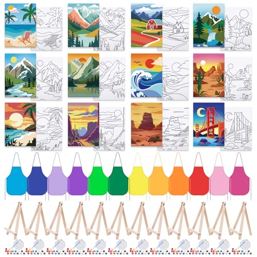 Anseal 84 Pcs Kids Paint Party Set Party Favors 12 Pre Drawn Canvas 12 Brushes 12 Palettes 12 Set Acrylic Paints 12 Apron Canvas Painting Kit for Kids Art Paint Party（Landscape Style） - color: Landscape