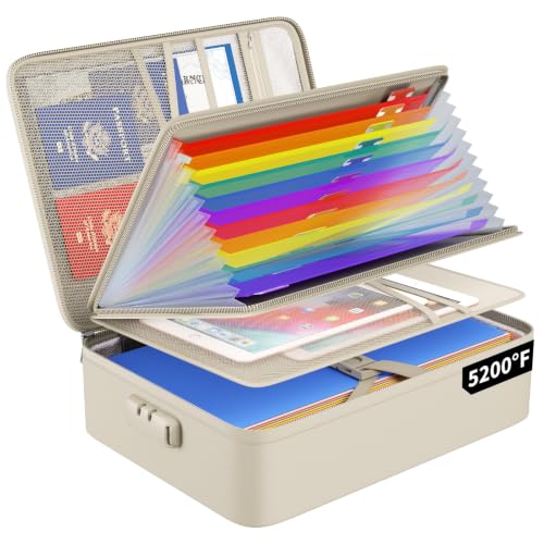 ENGPOW Fireproof File Organizer Bag with 13 Pockets Accordion File Folder - color: Beige, size: 15.1" x 11.2" x 4.3",Colorful
