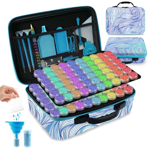 Tavolozza Fine Arts Diamond Painting Storage Containers, 120 Slots Diamond Painting Accessories and Tools with Jars for Beads, Portable Diamond Art Organizer Case, Diamond Art Kit Storage Box, Blue - style: Waves 120