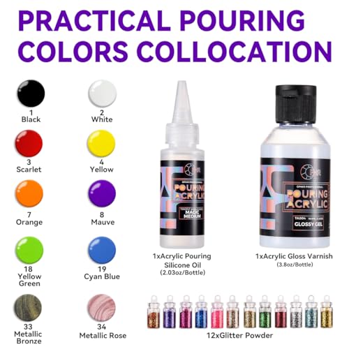 OPHIR Acrylic Pouring Paint Set, 10 Colors with Pouring Medium & Varnish - color: Complete Pouring Paint Kit (Beginning Kit)