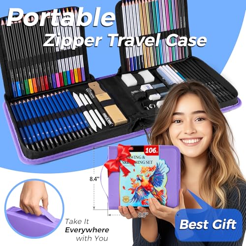 106 Pack Drawing Set Sketching Kit, Pro Art Supplies Sketch Pencils Set - color: Purple, size: 106 Pack