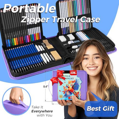 106 Pack Drawing Set Sketching Kit, Pro Art Supplies Sketch Pencils Set - color: Purple, size: 106 Pack
