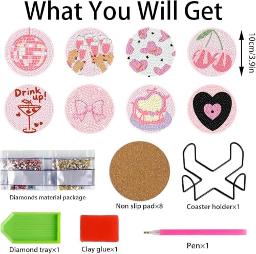 XUCNWL 8 PCS Pink Diamond Art Coasters with Holder,4X4 Inch - color: Pink