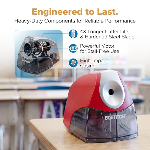 Bostitch Electric Pencil Sharpener for Classroom and Desk, Stall Free, Red - color: Red (Pack of 1)