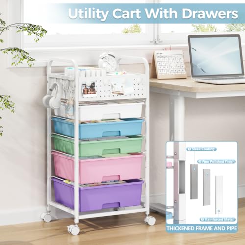 5 Drawer Rolling Storage Cart with Pegboard Top and Hooks, Ice Cream - color: Ice Cream, size: 5-Drawers