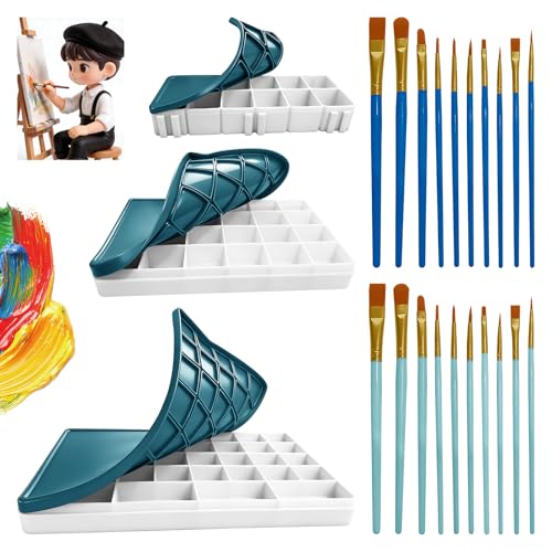 3 Pcs Plastic Paint Palette with Soft Lid, Includes 20 Painting Pens