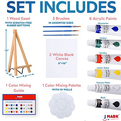 J MARK Paint and Canvas Set – Mini Canvas Acrylic Painting Kit with Wooden Easel, Canvases, Acrylic Paint, Brushes & Palette, Canvas Paint Set, Painting Kit for Adults & Kids - color: 14 Pcs