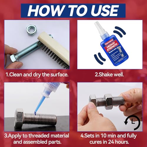 Thread Lock Blue and Red, Threadlocker Removable & Permanent, Thread Locker for Nuts, Bolts, Fasteners and Metals, Against Losening and Leakage (Medium 50 ml *1 + High 50 ml *1) - size: 50ml2pack
