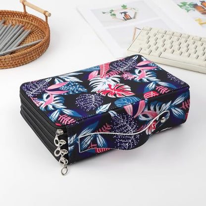 200 Slots Canvas Pencil Case 4-Layer Zipped Holder w/Handle - color: Black Leaves, size: 200