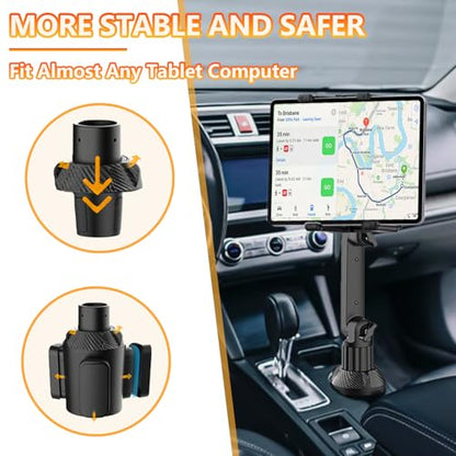 WUITIN Cup Holder Car Tablet Mount for Car, 360° Adjustable 15" Long 2-Arm Stand Holder for iPad,Samsung Galaxy Tab/Z Fold 4/3, iPhone 15/14/Pro, 4.7-12.9" Tab &Phone