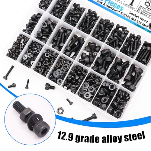 1108PCS Metric Screw Assortment Kit, M3 M4 M5 M6 Metric Bolts and Nuts Kit with with Lock & Flat Washers, 12.9 Grade Alloy Steel Hex Socket Head Cap Screws for 3D Printing - size: M3 M4 M5 M6-1108PCS