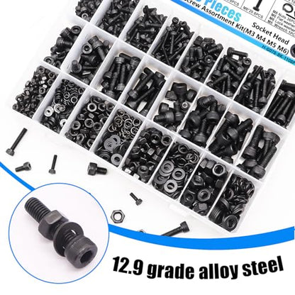1108PCS Metric Screw Assortment Kit, M3 M4 M5 M6 Metric Bolts and Nuts Kit with with Lock & Flat Washers, 12.9 Grade Alloy Steel Hex Socket Head Cap Screws for 3D Printing - size: M3 M4 M5 M6-1108PCS