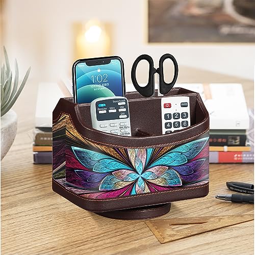 360° Rotating Remote Control Holder, PU Leather TV Remote Caddy, Pen Holder - color: Butterfly